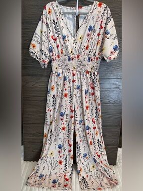SHEIN White Floral V-Neck Smocked Waist Maxi Dress